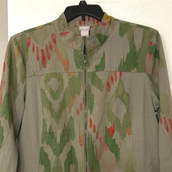 CHICO’S ZENERGY NWT Ikat Print Olive Green & Khaki Utility Jacket Size 3 (16-18) - Picture 5 of 15